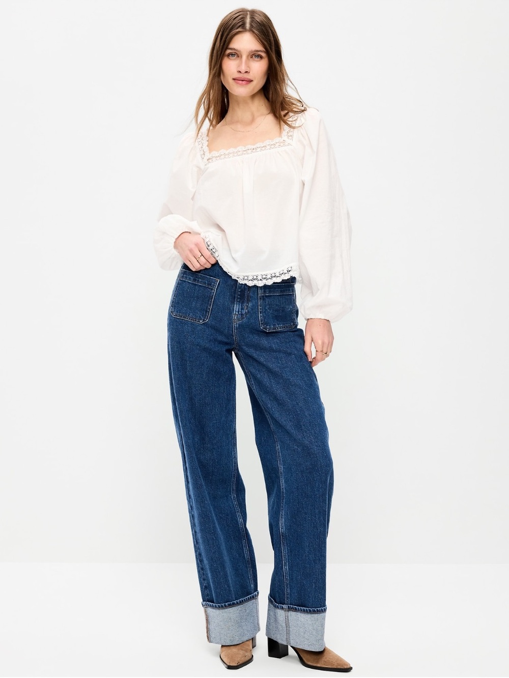 Old Navy Dark Blue Boyfriend Jeans with Front Patch Pockets and Cuffed ends - Picture 8 of 8